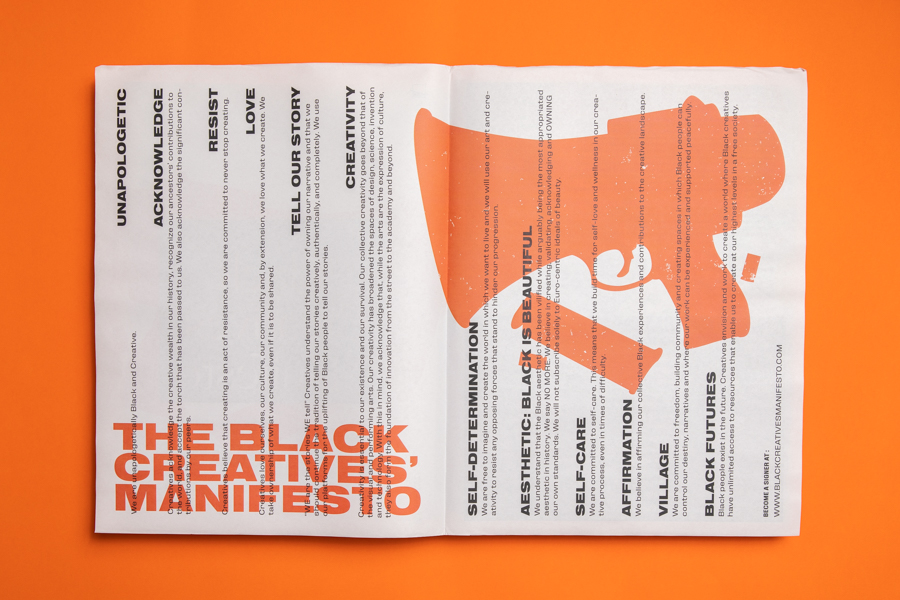 The Black Creatives' Manifesto aims “to inspire and affirm Black Creatives and our collective contributions to the world. Printed as a tabloid newspaper by Newspaper Club.