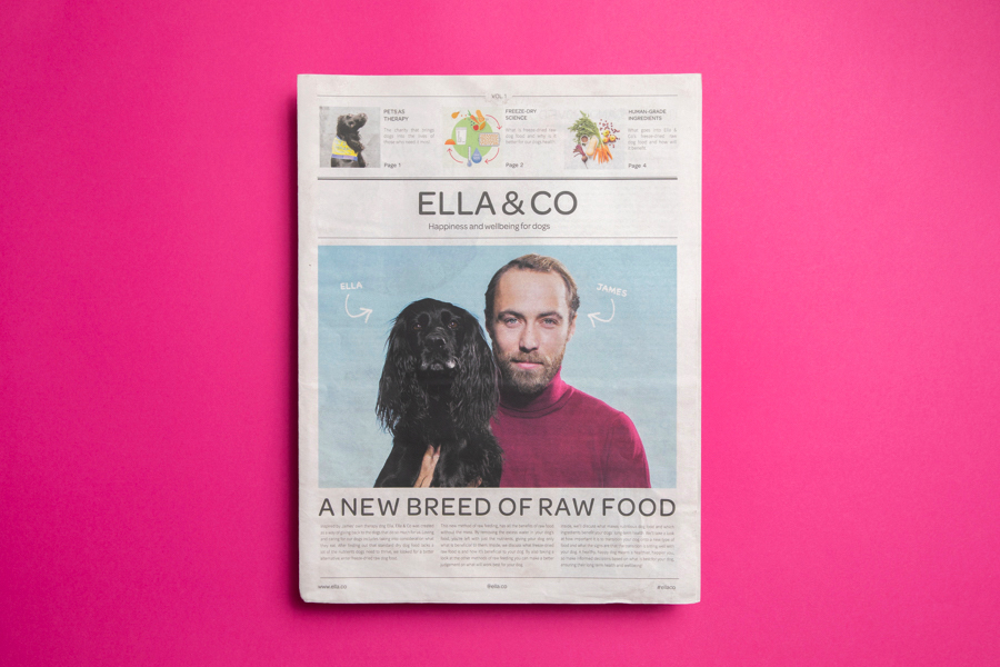 Newspaper for Ella & Co dog food brand. Printed by Newspaper Club on tabloid newspaper.