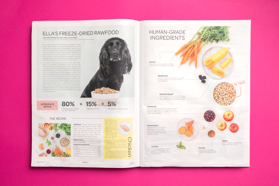 Interior spread from Ella & Co dog food newspaper.