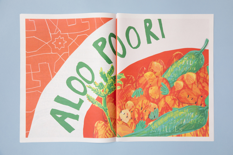 Spread from Home Cooking, an illustrated newspaper celebrating our multicultural society through food. Illustrated by Tobi Meuwissen. Printed by Newspaper Club.