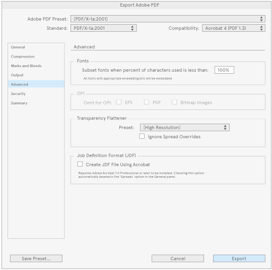 InDesign PDF export screenshot, advanced tab