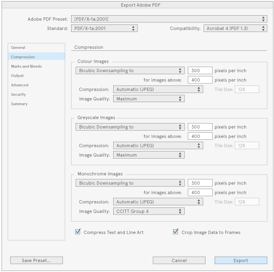 InDesign PDF export screenshot, compression tab