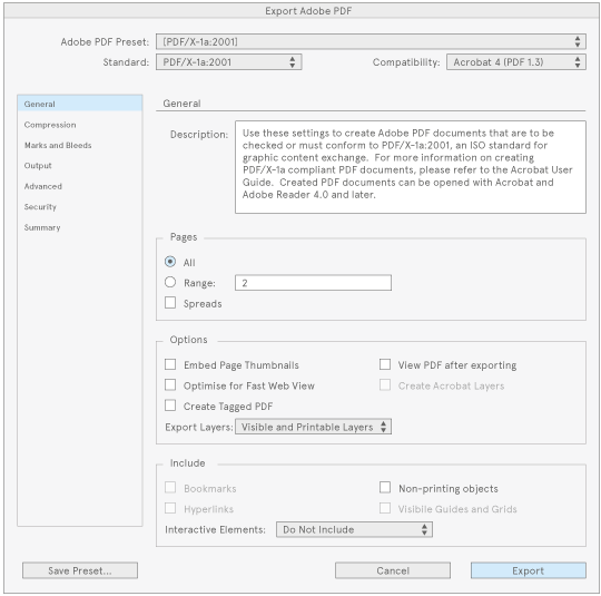 InDesign PDF export screenshot, general tab