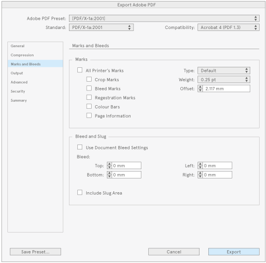 InDesign PDF export screenshot, Marks and Bleeds tab