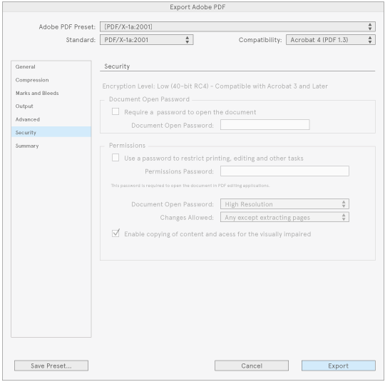 InDesign PDF export screenshot, security tab