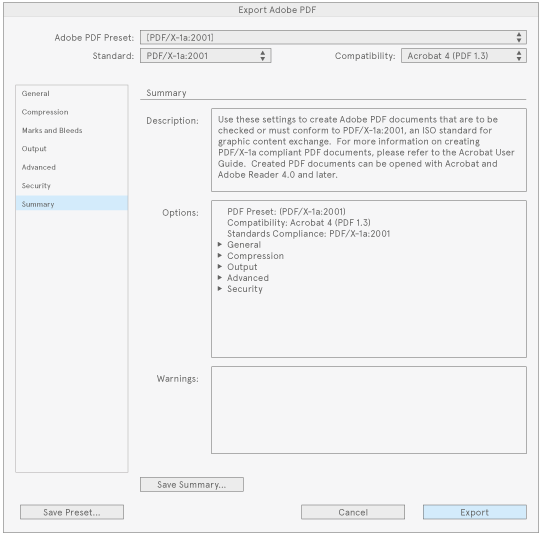 InDesign PDF export screenshot, summary tab