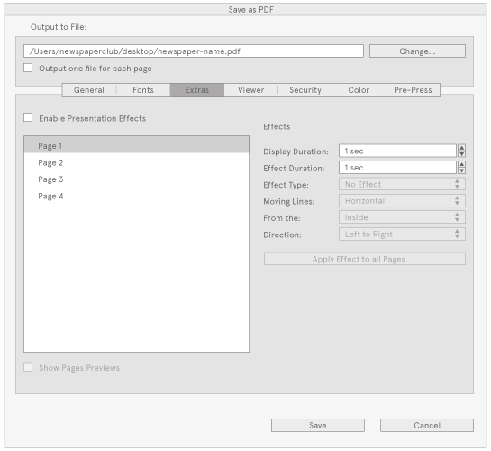 Scribus PDF export screenshot, Extras tab