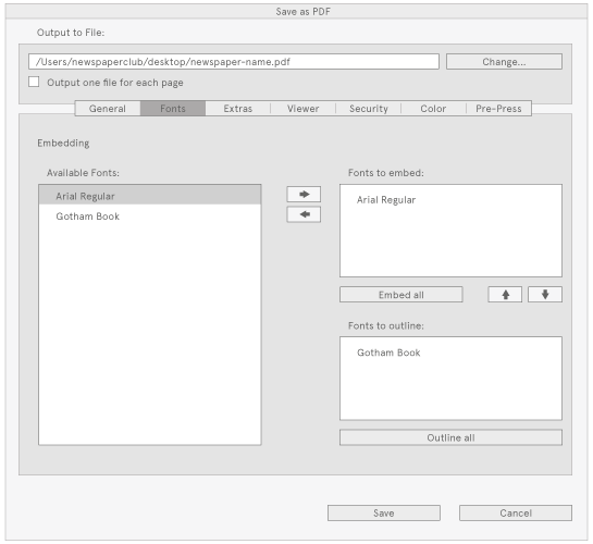 Scribus PDF export screenshot, Fonts tab